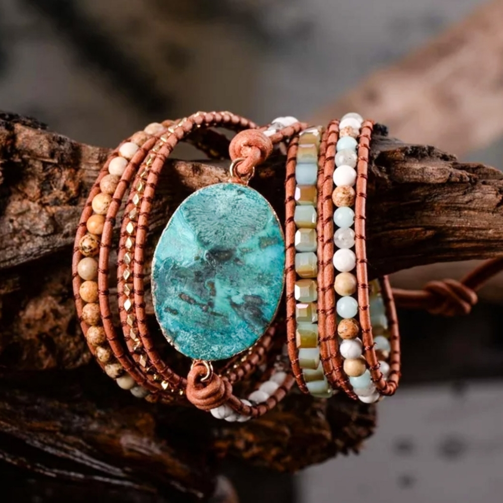 Handmade Leather Gemstone Jasper Wrap Bracelet - Picture 5 of 7